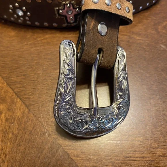 Nocona Brown and Pink Crystal Cross & Hearts Belt Sz 28, Bling Western Gowgirl - Picture 4 of 6